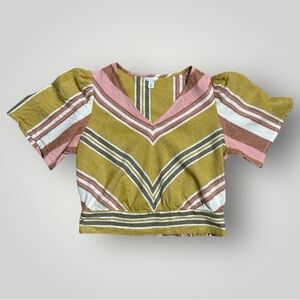 CIDER Linen Blend Striped V-Neck Puff Sleeve Smocked Top Medium